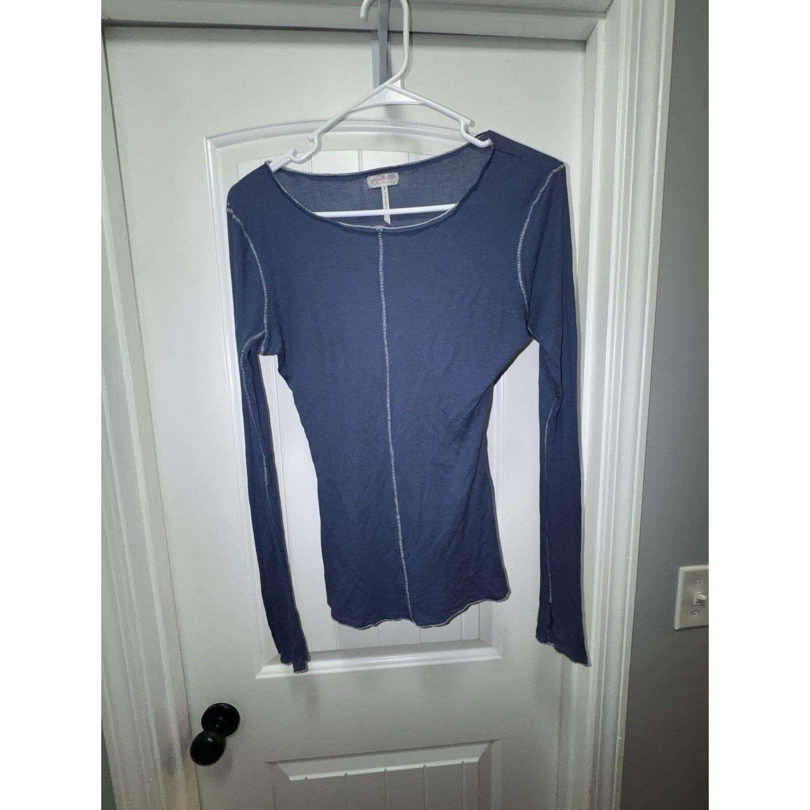 Intimately Free People Long Sleeve Top S Blue Exposed Seam Raw Hem Fitted